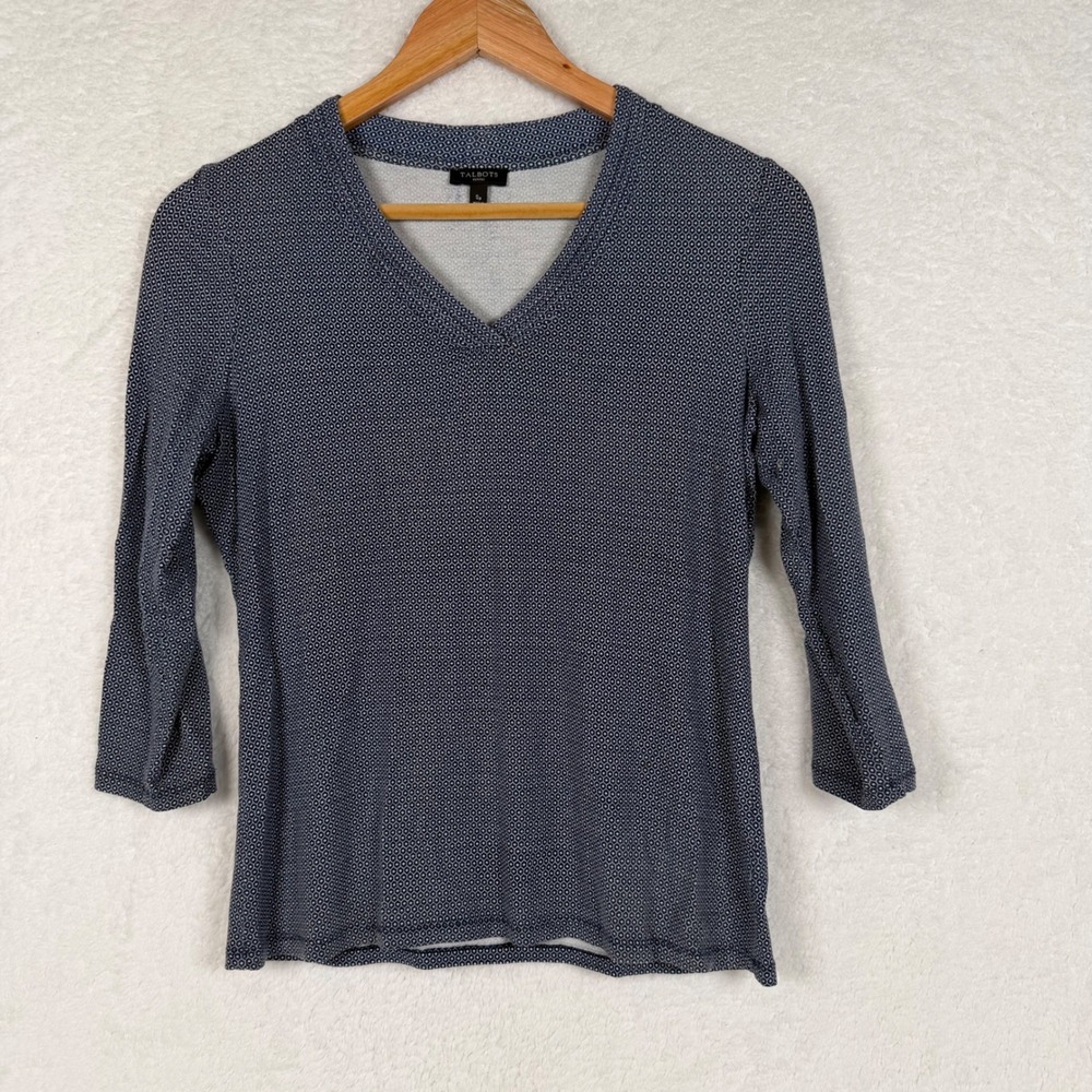 Talbots‎ Knit Top Women Small Petite Navy Geometric V-Neck 3/4 Sleeve Stretch
